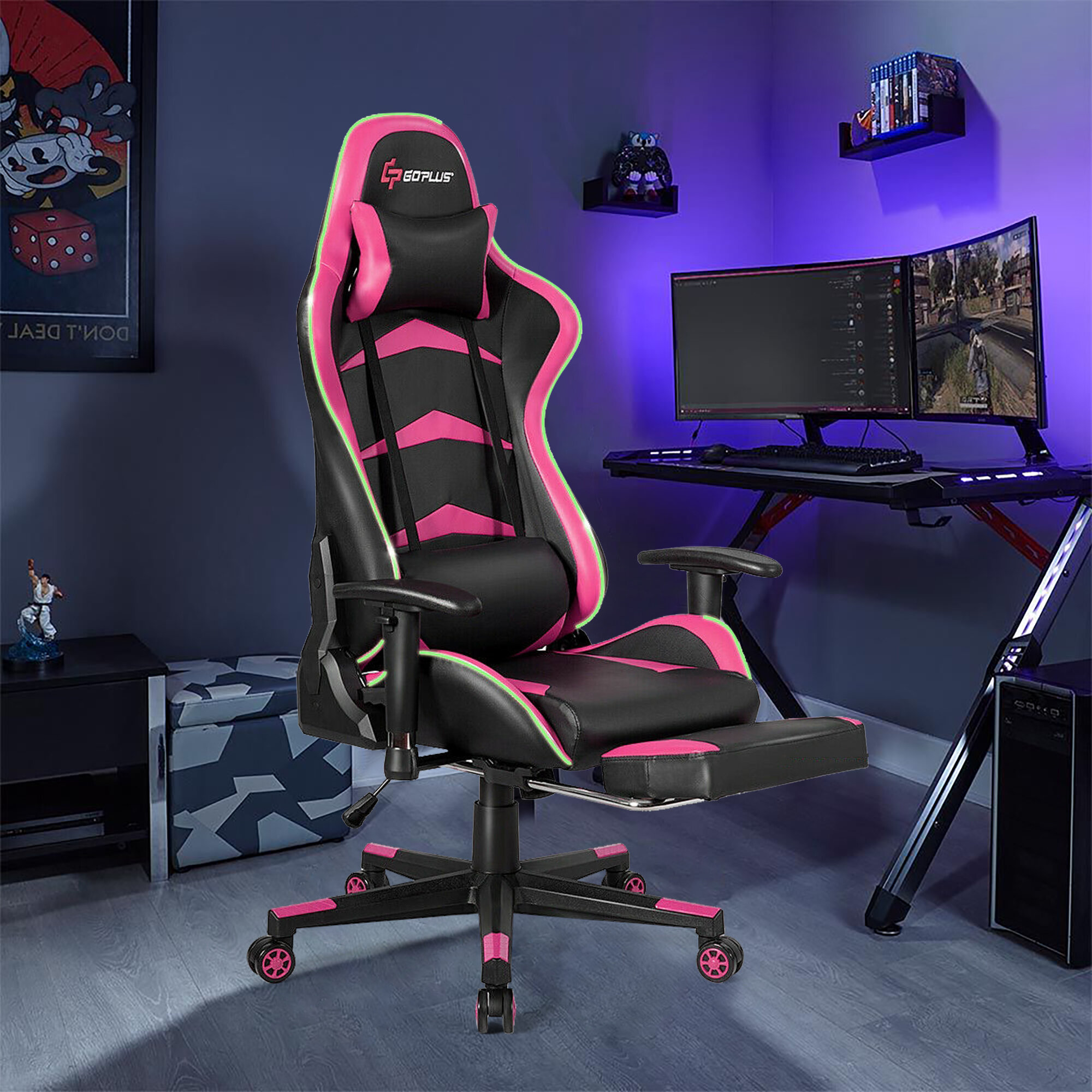 Adults Ergonomic Racing Style High Back Computer Chair with Footrest Headrest and Lumbar Support Kiso Inc Color: Pink