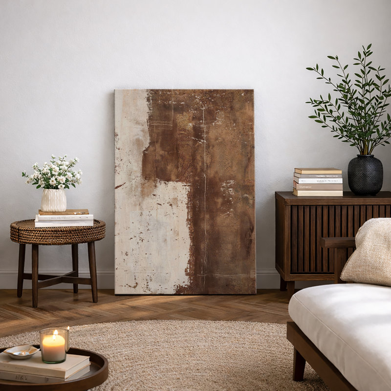 Style Mid-Century brun foncé, formes abstraites neutres, grand cadre rustique, décor minimaliste M20, Toile tendue, No Frame
