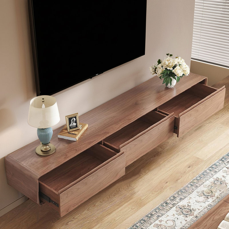 Floating TV Cabinet, 200cm Wide Wall-Mounted TV Unit with Drawers in Walnut Finish, for Living Room & Large Televisions Over 75 Inches