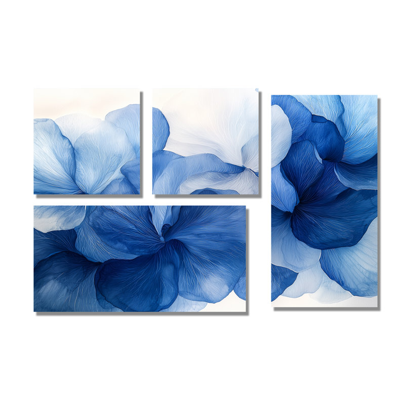 Bleu et blanc délicats pétales de fleurs IV - art mural floral 4 pièces, Toile tendue, Ne s’applique pas