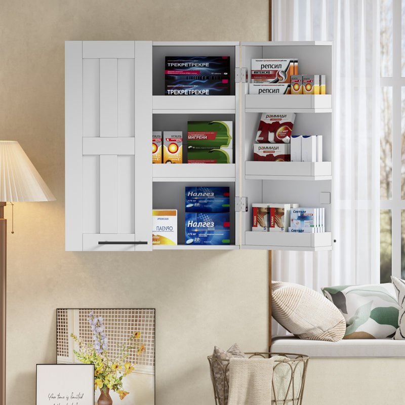 Armoire à pharmacie murale verrouillable avec 9 compartiments, 2 portes de rangement en bois pour la salle de bain, armoire de toilette avec 2 clés