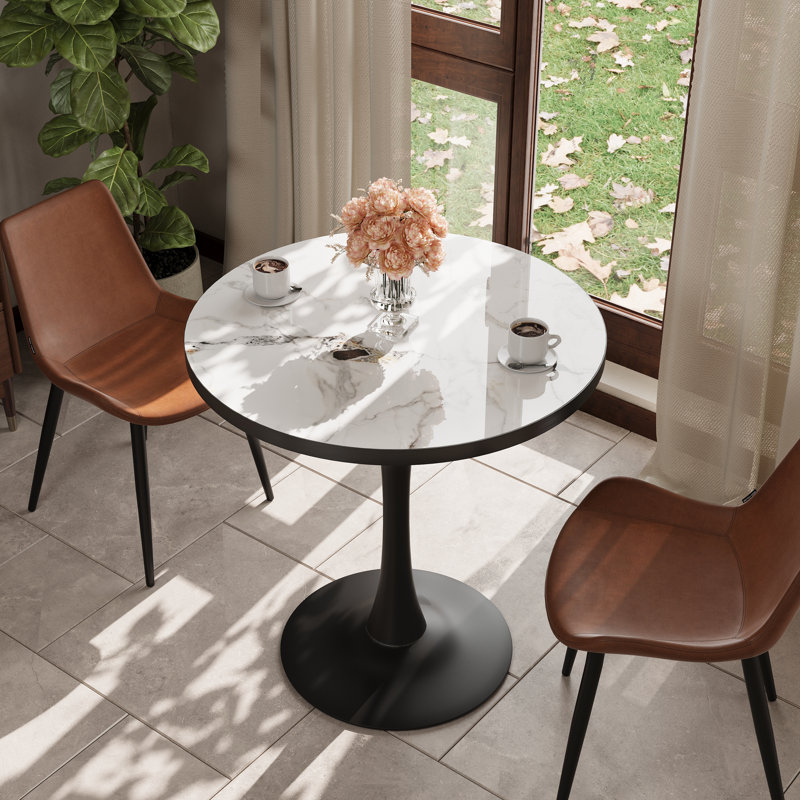 Round Marble Dining Table Mid-century Table With Metal Pedestal Base, Modern Leisure Table For Small Space Kitchen Dining Room, Easy Assembly, Waterproof Design