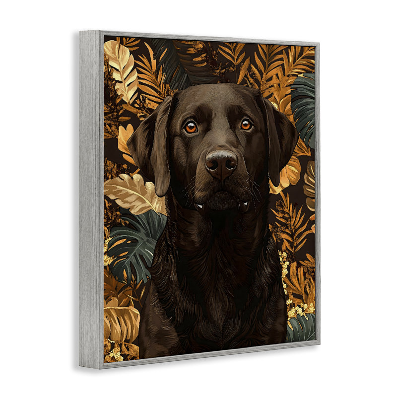 Labrador avec feuilles dorées, estampe numérique, design by Creative Studio, 14 x 11, Farmhouse Grey Giclee Framed