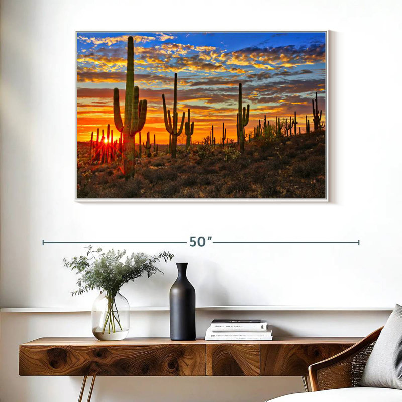 Cactus coucher de soleil, Cadre flottant blanc, 40 po x 27 po