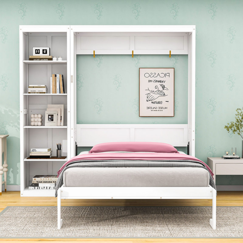 Lit escamotable en bois avec tablettes, conception pliable peu encombrante, Blanc, Grand lit