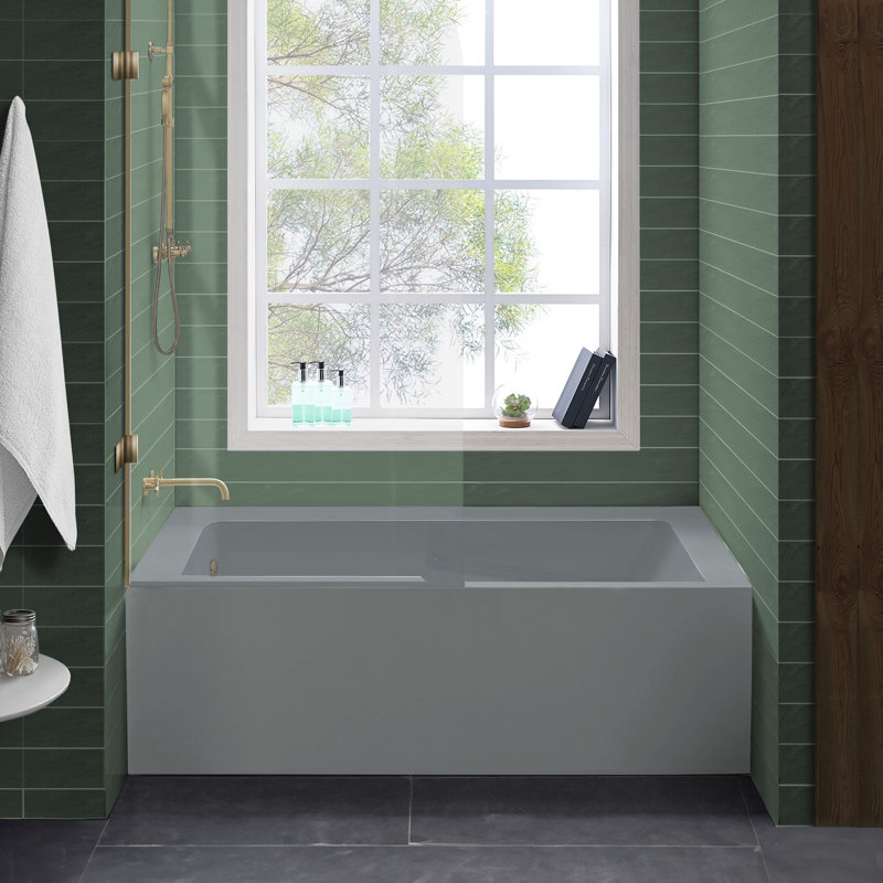 Baignoire d'angle Voltaire 60 po x 32 po avec bonde à gauche, tablier et accoudoir, gris mat, Gauche