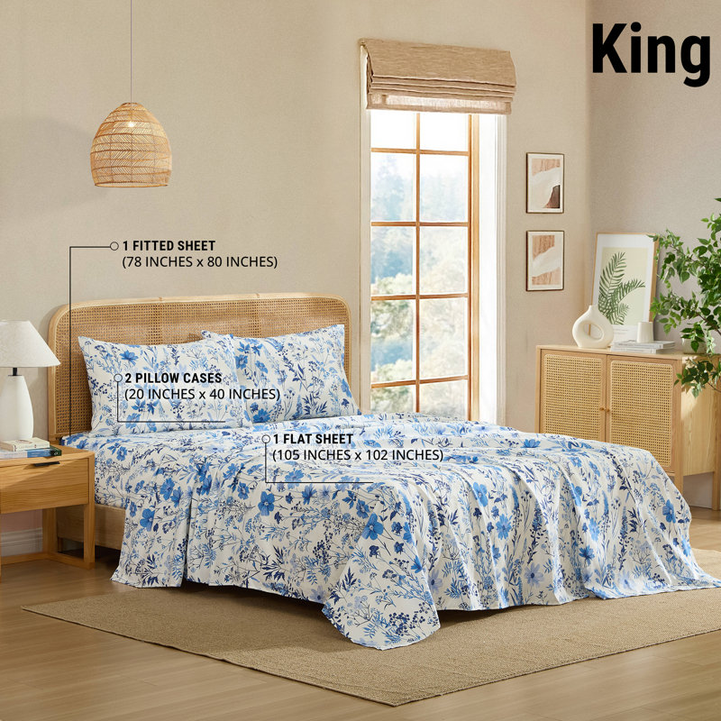 HLC.ME Blue Floral Bed Sheets - Wrinkle Resistant & Ultra Soft - Fits Mattresses up to 15 Inches Deep, King Sheet Set