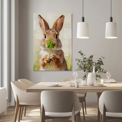2D Flat, 1Pc Framed Canvas Wall Art, Rabbit, Four-leaf Clover, Realistic Oil Painting Style Art Print Canvas Poster Painting Room Wall Decor, Ideal Gi