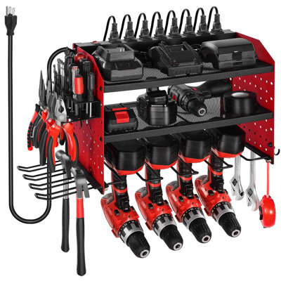 Power Tool Organizer With Charging Station, 3-Layer Drill Storage Rack With 4 Drill Holders And Side Pegboard, Garage Tool Organizer Built In 8 Outlet Power Strips For Garage, Workbench, Workshop