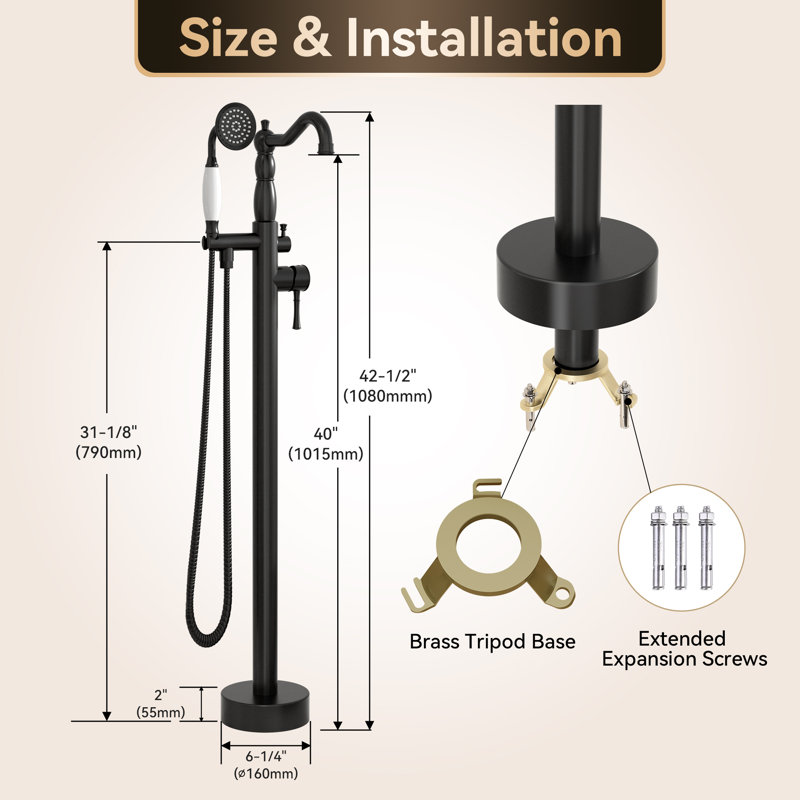 Hewes 1 Handle Bathroom Freestanding Tub with Diverter, Matte Black