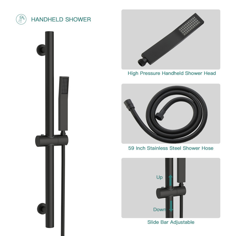 12" Square Wall Mounted Rain Shower Head with Handheld Shower and Slide Bar, Matte Black