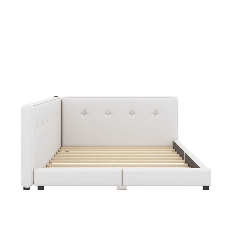 Upholstered Platform Bed With USB Ports, Beige, Queen
