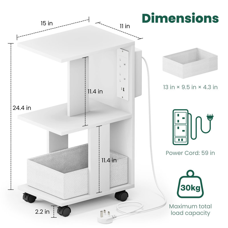 C-Shaped With Charging Station, 38 X 28 X 62 Cm Side Table, White