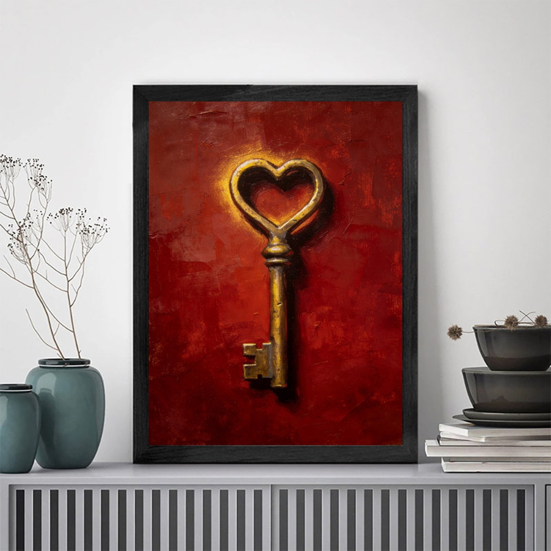 Reproduction d'art encadrée noire sur fond rouge avec clé cœur rouge, H 37 po x l 25 po