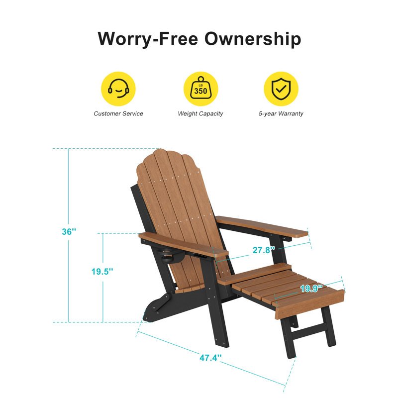 Chaise pliante Adirondack avec repose-pieds rétractable, chaise de patio résistante aux intempéries, Teck / noir