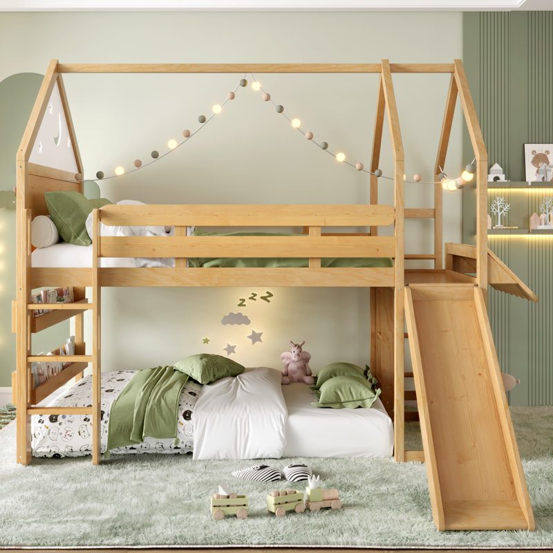 Kids Full Solid Wood Loft Bed with Bookshelves and Slide, Natural, Full