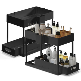 StorageBud 2 Tier Non-Slip Grip Kitchen Under Sink Organizer with Side Caddy & Sliding Drawer (Set of 2)