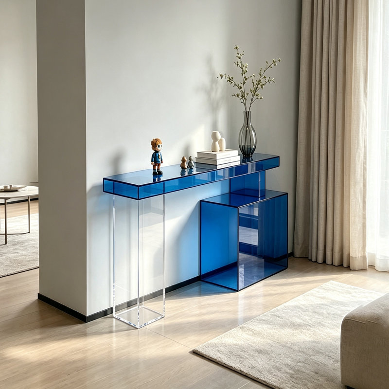 Console moderne en acrylique transparent bleu, H 29,53 po x l 47,24 po x P 11,81 po