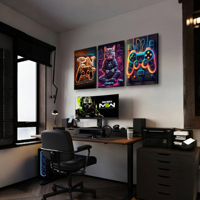 Encadré Cool Gaming Wall Art rétro jeu vidéo contrôleur et chat impressions sur toile Gamer Room Decor pour garçons chambre adolescent salle de jeu décoration murale 12 x 16 po ensemble de 3