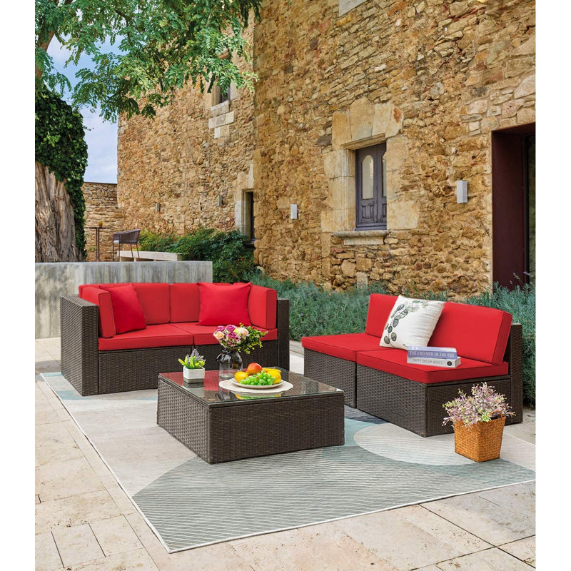 Ensemble de conversation pour patio 5 pièces avec table et coussin, Rouge