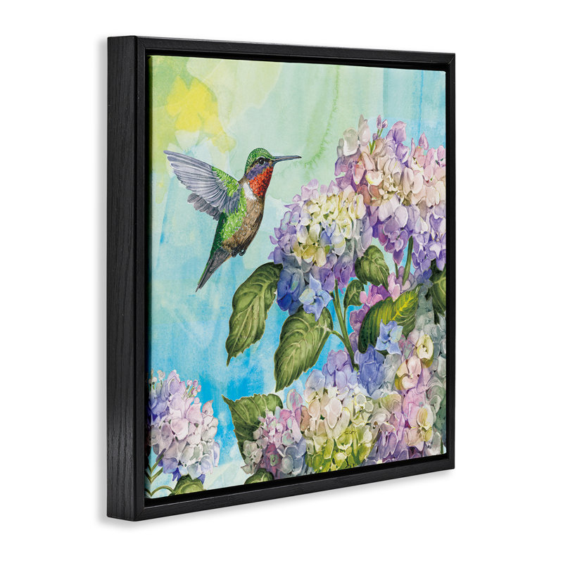 Cadre flottant colibri et hortensias, design par Tim Coffey, H 25 po x l 25 po, Cadre flottant noir de jais