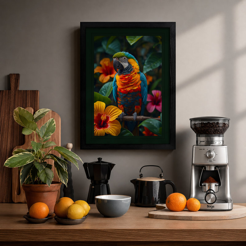 Parrot Among Blooms Tropical - Framed Print, A4 - 29.7 x 21.0 cm, Black