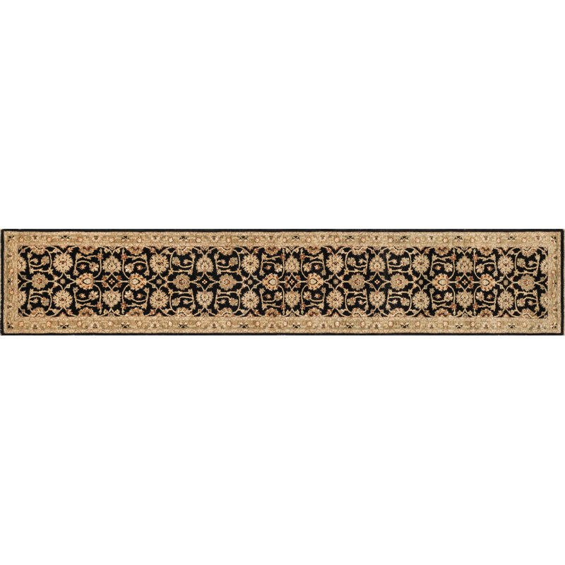 Tapis décoratif en laine noué à la main noir Durden, Tapis de couloir 2 pi 6 po x 24 pi