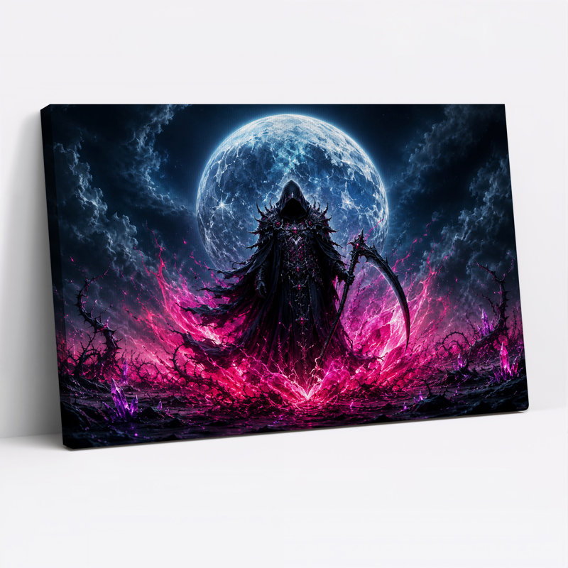 Personnage sombre encapuchonné tenant une faux sur toile rose lumineuse, art mural d'Halloween, H 36 po x l 48 po