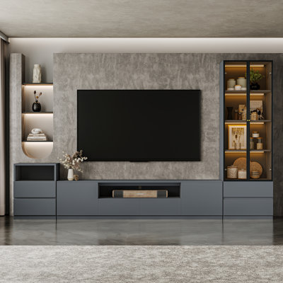 Crafton Modern 122'' White Entertainment Center With 4-Tier Bookshelves For 65/70/75/85 Inch TV, Wood Storage Media Console Includes TV Console Table, Lights Glass Display Bookshelf And Drawer Cabinet For Living Room