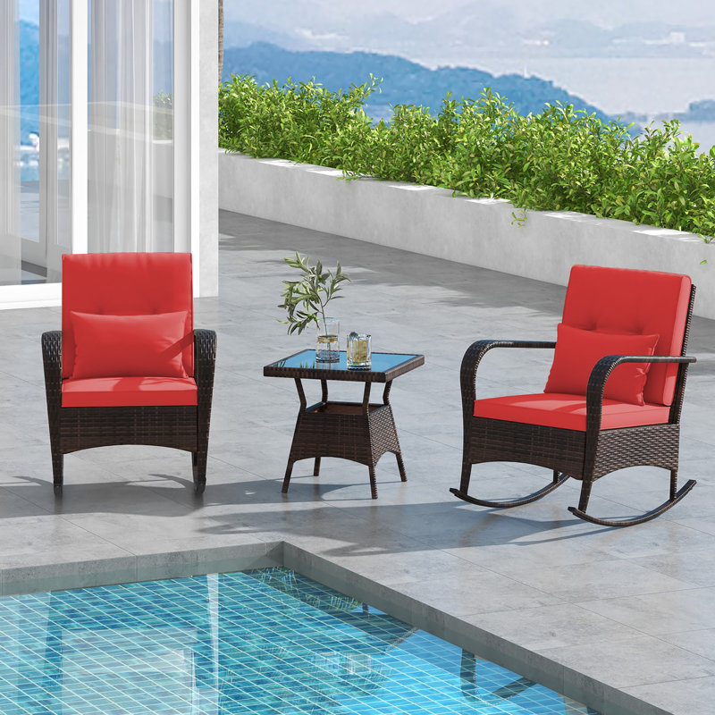 3PCS Outdoor Rocking Set Rattan Rocker Chairs w/ Tempered Glass Coffee Table Wicker Rocker Set, Red