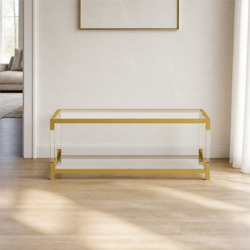 Table basse moderne de 47,2 po avec pieds en acrylique, plateau en verre trempé double couche et structure en métal doré, mobilier de salon