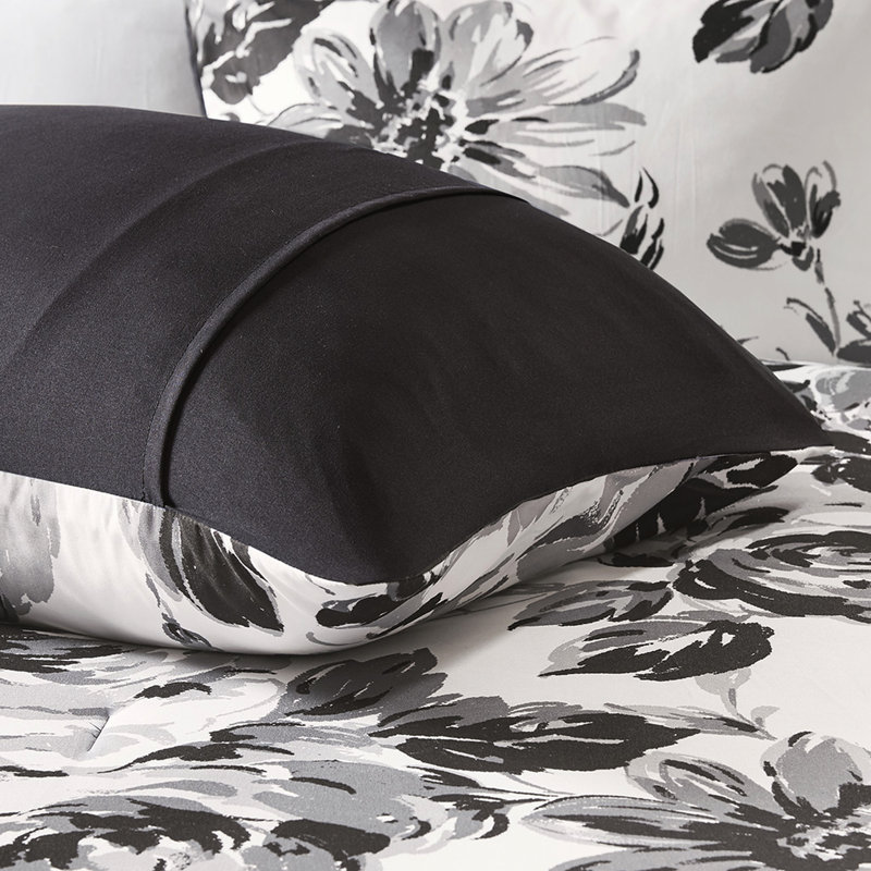 Édredon très grand / très grand avec bourre à motif floral noir et blanc, 2 taies décoratives, microfibre douce, literie élégante facile à laver