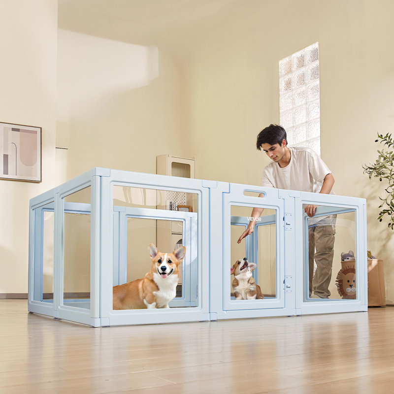 Dog Whelping Box with Window Transparent Playpen for Medium Dog , 30.12" H x 76" W x 49.02" D, Blue/Clear