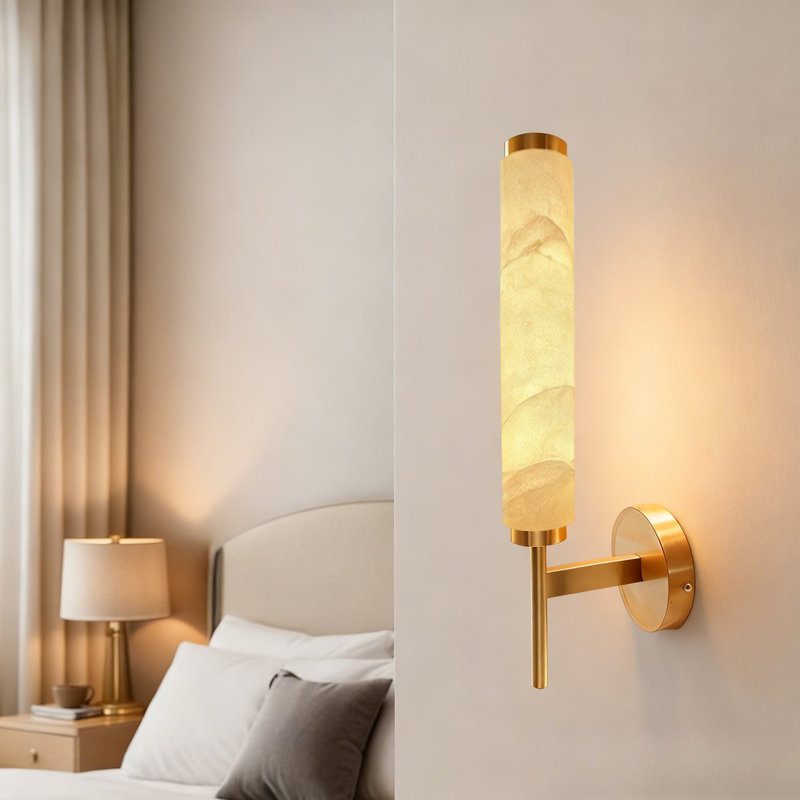 Alabaster Wall Sconce - Built-In 5W LED Light Strip, Brass Fixture - Polished Brass Finish, Antique Brass