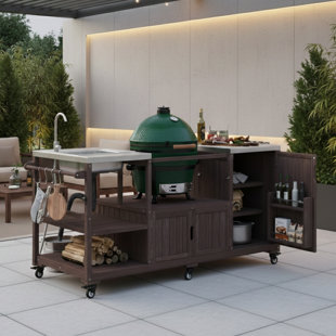 75.4" Solid Wood Outdoor Kitchen Island With Sink For XL Big Egg - Rolling BBQ Prep Station With Stainless Steel Top