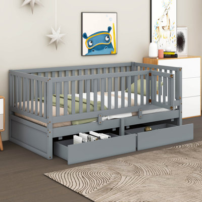 Kaenel Wood Daybed with Fence Guardrails and 2 Drawers