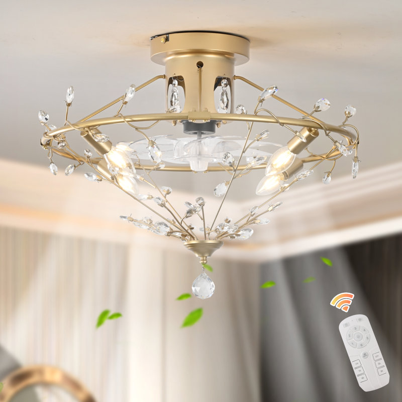 23.62'' Reversible Caged Crystal Ceiling Fan With Light Kit And Remote Control