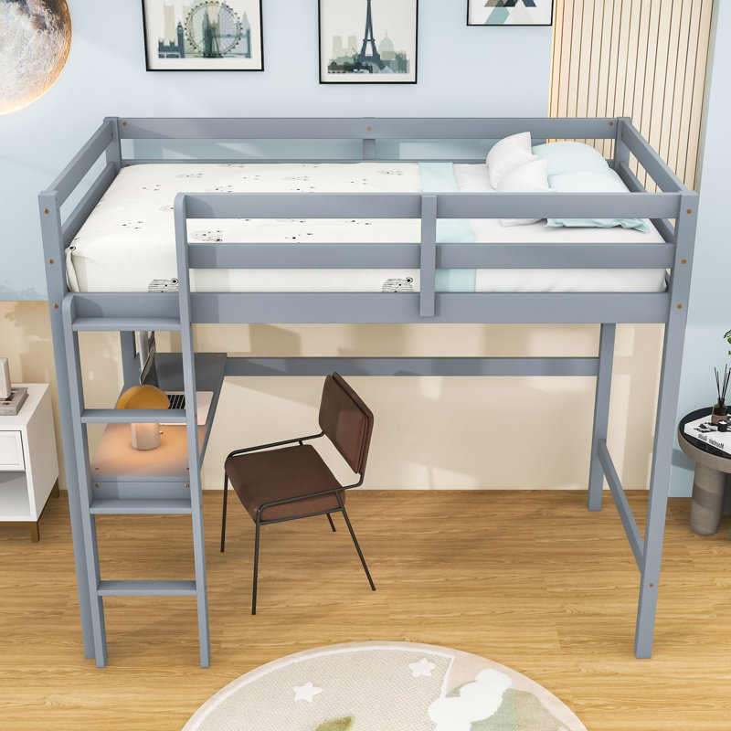 Twin Wooden Loft Bed With Built-In Desk And Safety Guardrail, Gray