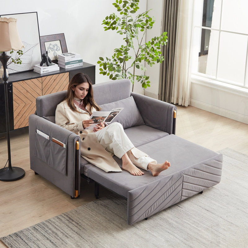 Velvet Multi-position adjustable Sofa with 2 Detachable Arm Pockets, Light Gray, 31.55" H x 54.05" W x 30.55" D
