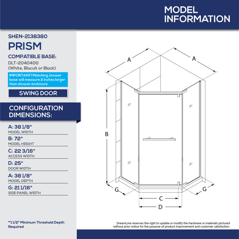 DreamLine Prism 40" x 74.75" Neo-Angle Pivot Shower Enclosure, Chrome, White