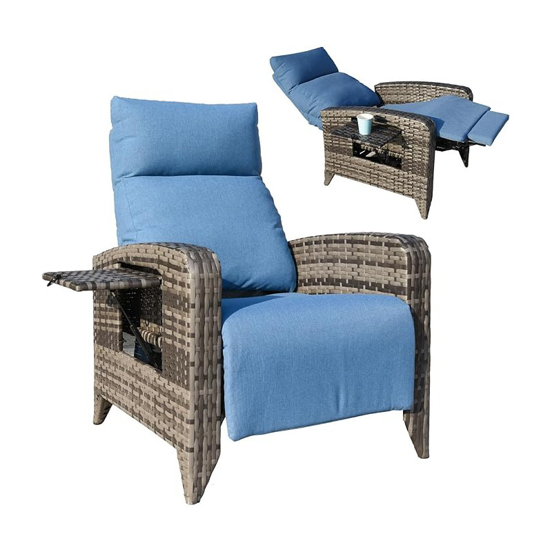 Dasai Wicker Outdoor Recliner Chair with Table, Taupe, Blue
