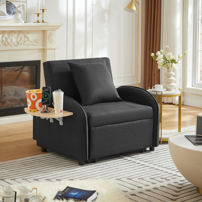 Canapé-lit 3 en 1 avec dossier réglable, table pliable et port USB, type C, fauteuil inclinable réglable, Noir
