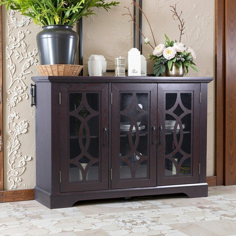 3-Door Buffet Cabinet With Tempered Glass Doors Adjustable Shelves And Safety Features, Ox Blood Red