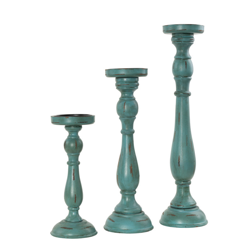 Ensemble de porte-bougie en bois patiné, Bleu