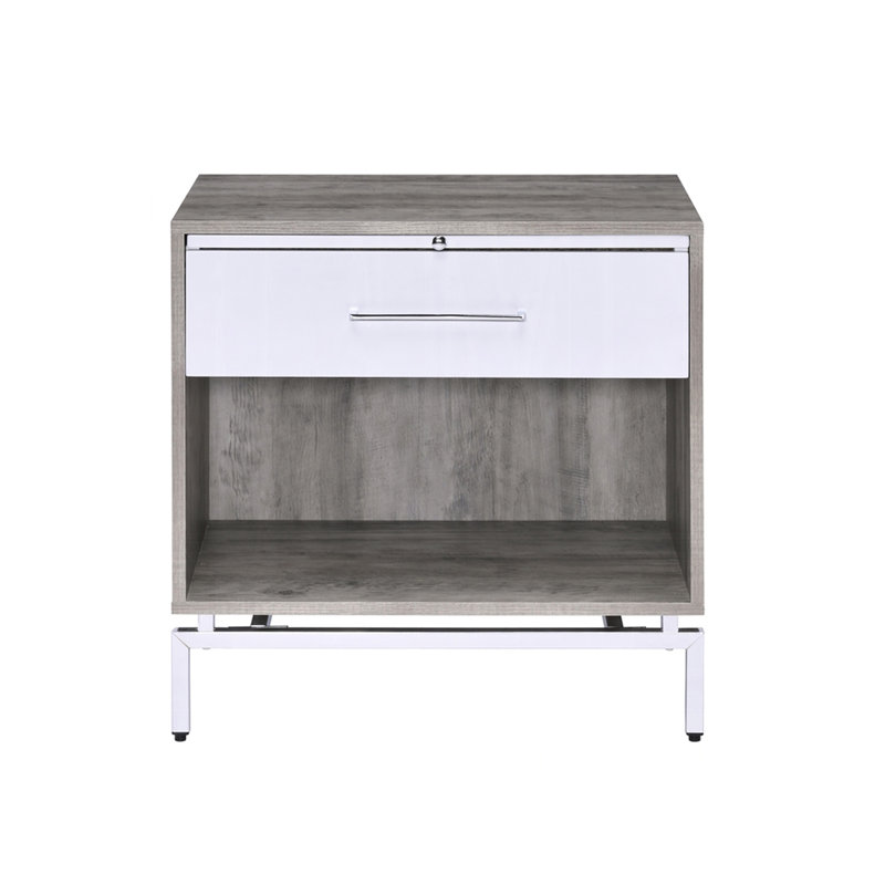 Table de chevet 1 tiroir en chêne gris et blanc, base en métal pour une solution de rangement de chambre à coucher moderne avec tiroir ouvert, formation