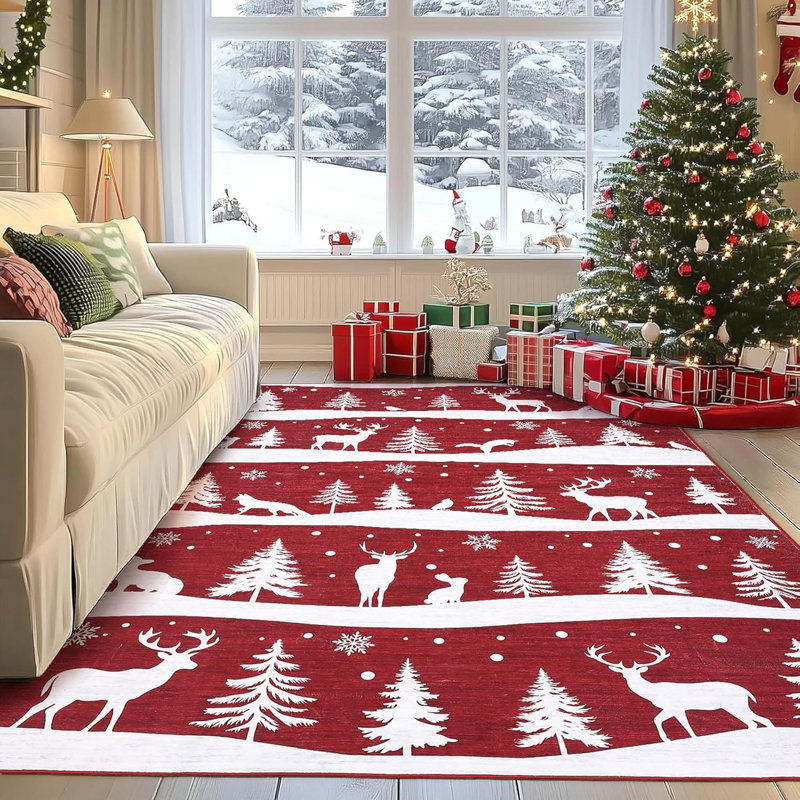 Christmas Rugs with for Holiday Decor, Non Slip Low Pile Washable Rug for Kitchen, Entryway, Living Room, Bedroom