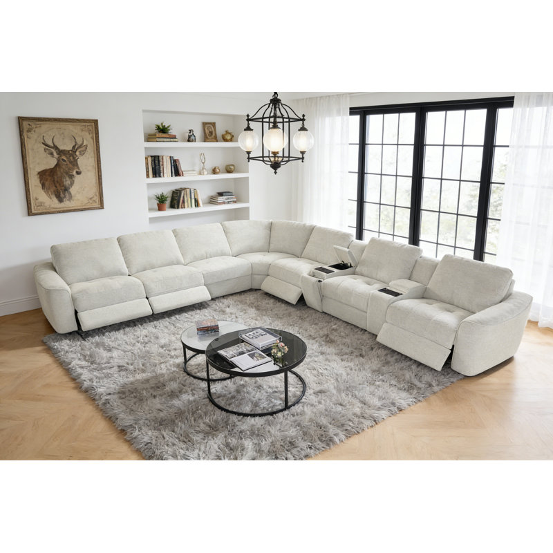 L-shaped Power Recliner Sectional Sofa With Storage & Wireless Charge, White Polyester Blend