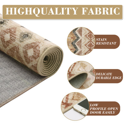 Tapis de maison de campagne de 5 pi x 7 pi résistant aux taches et lavable avec tapis décoratif délavé à poils courts et antidérapant pliable pour la salle à manger, beige