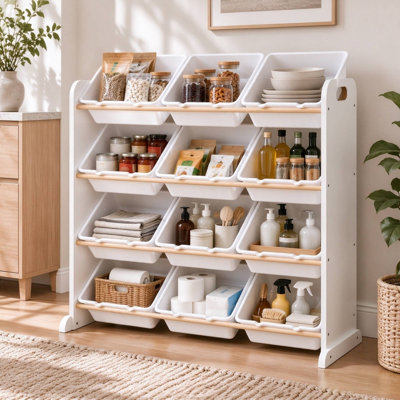 4-Tier Storage Rack with 12 Removable Bins, Snack Organizer, Kids Toy Storage Organizer, Pantry Shelf and Candy Display Rack for Kitchen, Playroom, Bedroom, and Living Room, White