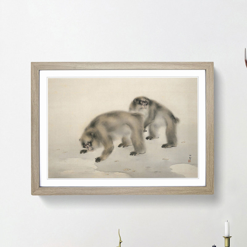 Two Monkeys by Kansetsu Hashimoto - Picture Frame Painting Print, Oak Framed, 27cm H x 36cm W x 2cm D